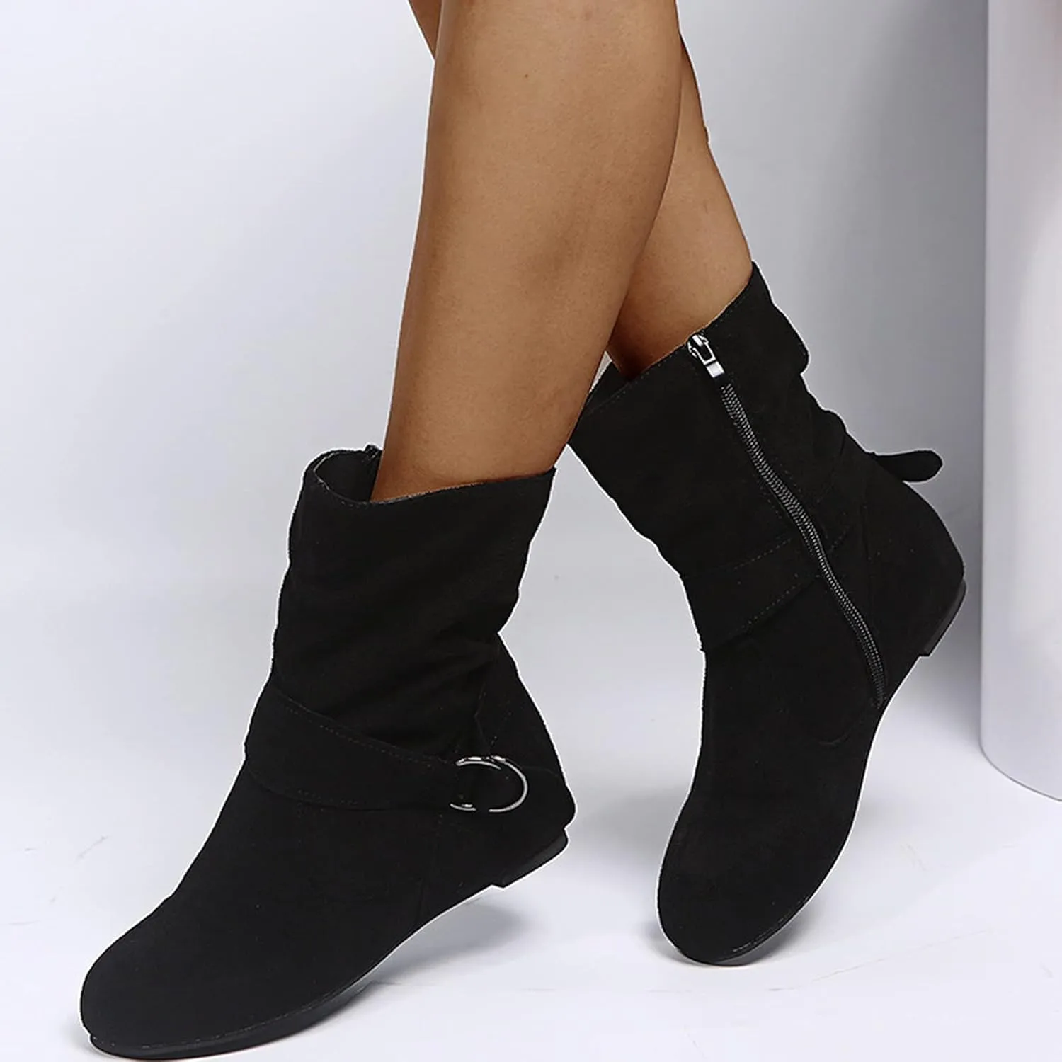 Women's Ankle Boots With Side Zipper Casual Winter Mid Calf Short Boots Slouchy Ruched Suede Flats Ankle Booties