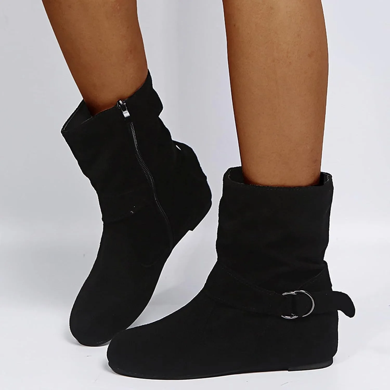 Women's Ankle Boots With Side Zipper Casual Winter Mid Calf Short Boots Slouchy Ruched Suede Flats Ankle Booties
