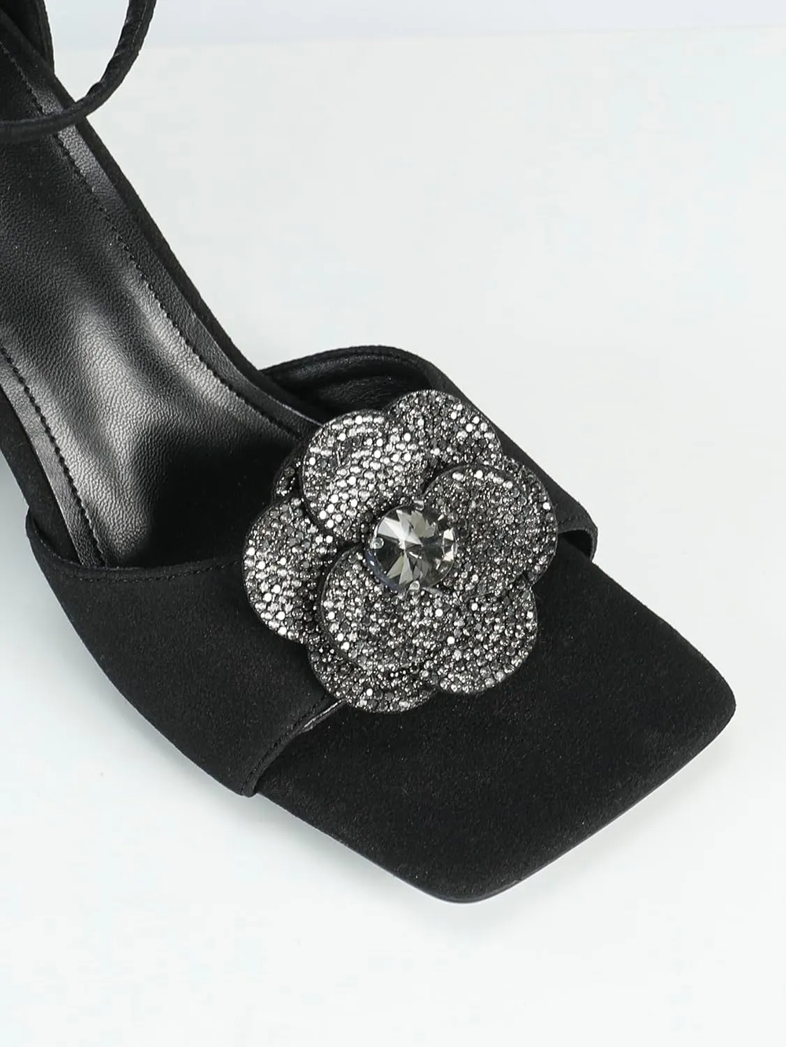 Women's Black Faux - Suede Square - Toe High - Heel Ankle - Strap Sandals | Embellished with Rhinestone - Studded Shiny Flower for Weddings, Parties & Formal Events
