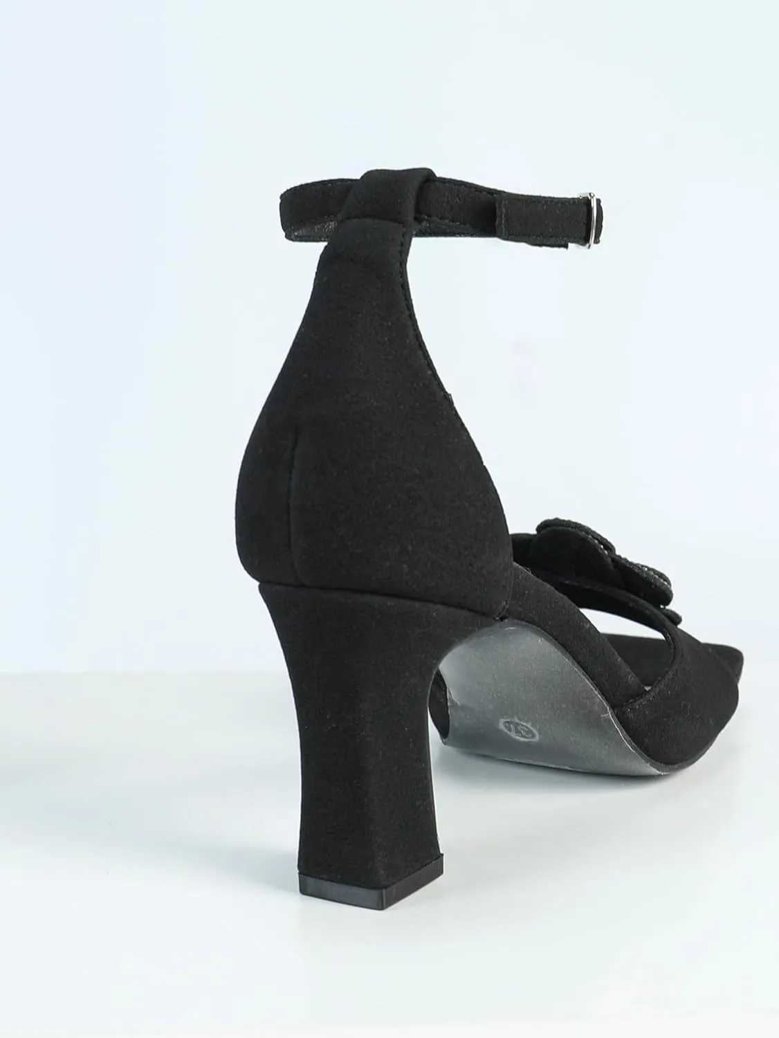 Women's Black Faux - Suede Square - Toe High - Heel Ankle - Strap Sandals | Embellished with Rhinestone - Studded Shiny Flower for Weddings, Parties & Formal Events