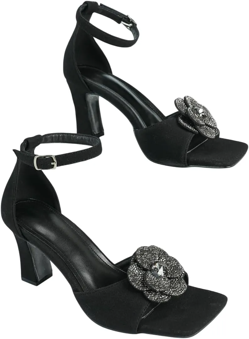 Women's Black Faux - Suede Square - Toe High - Heel Ankle - Strap Sandals | Embellished with Rhinestone - Studded Shiny Flower for Weddings, Parties & Formal Events