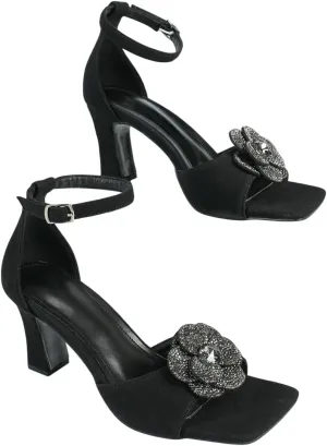 Women's Black Faux - Suede Square - Toe High - Heel Ankle - Strap Sandals | Embellished with Rhinestone - Studded Shiny Flower for Weddings, Parties & Formal Events