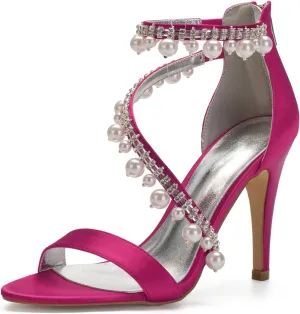 Women's Bridal Wedding Sandals High Heel Ankle Strap Pearl Zipper Back Formal Evening Prom Party Dress Satin Shoes Heels Pumps