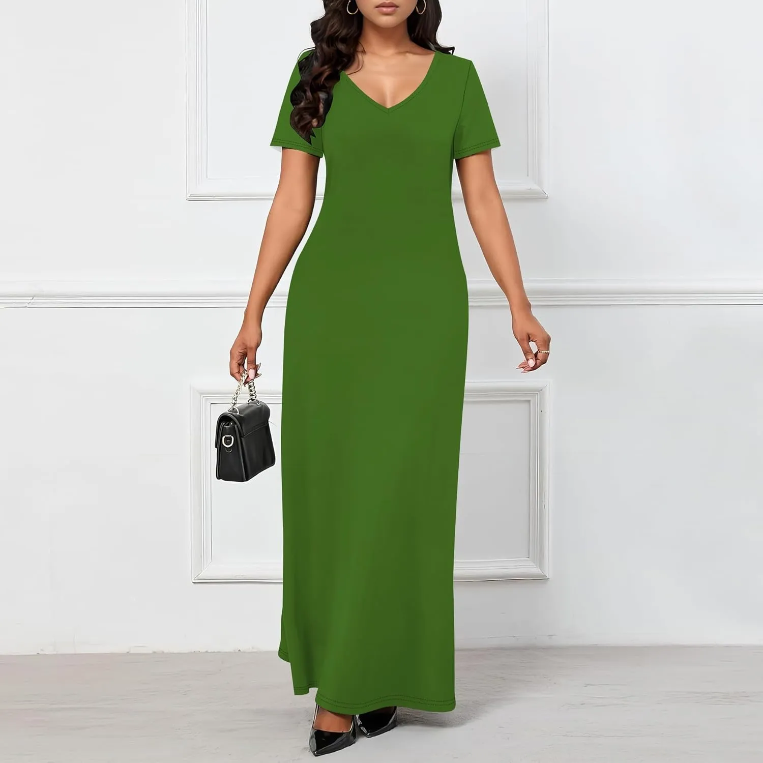 Women's Casual Short Sleeve Sexy V Neck Solid Color T Shirt Maxi Dress Summer Beach Swing Sundresses with Pockets
