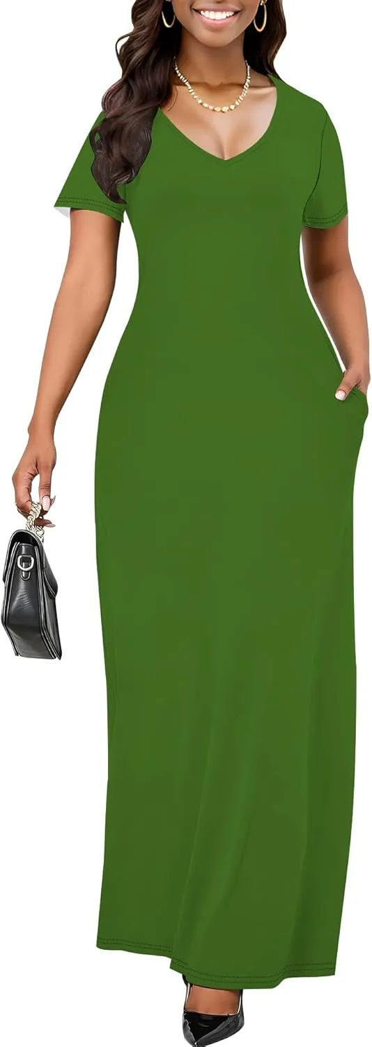 Women's Casual Short Sleeve Sexy V Neck Solid Color T Shirt Maxi Dress Summer Beach Swing Sundresses with Pockets