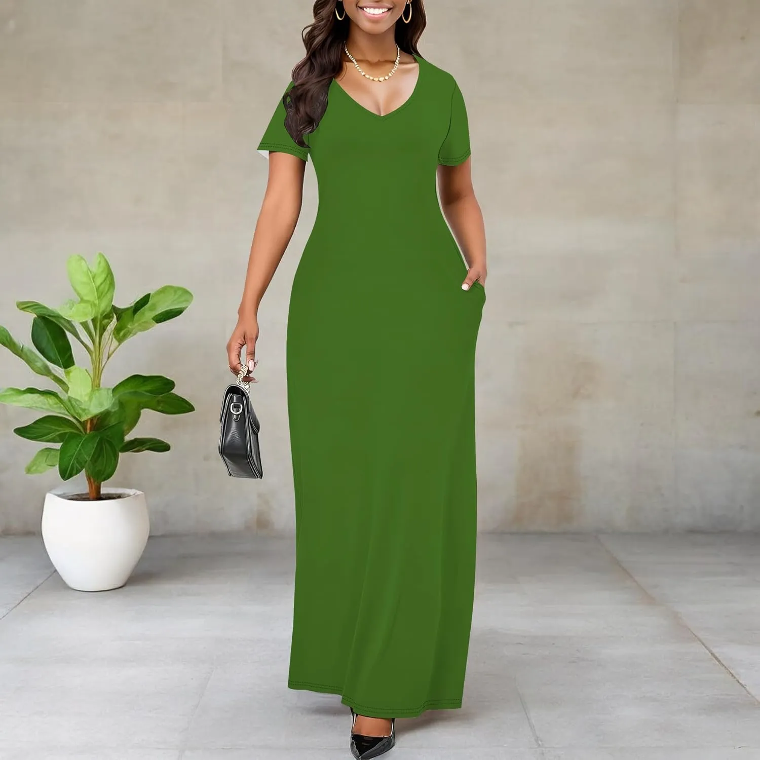 Women's Casual Short Sleeve Sexy V Neck Solid Color T Shirt Maxi Dress Summer Beach Swing Sundresses with Pockets