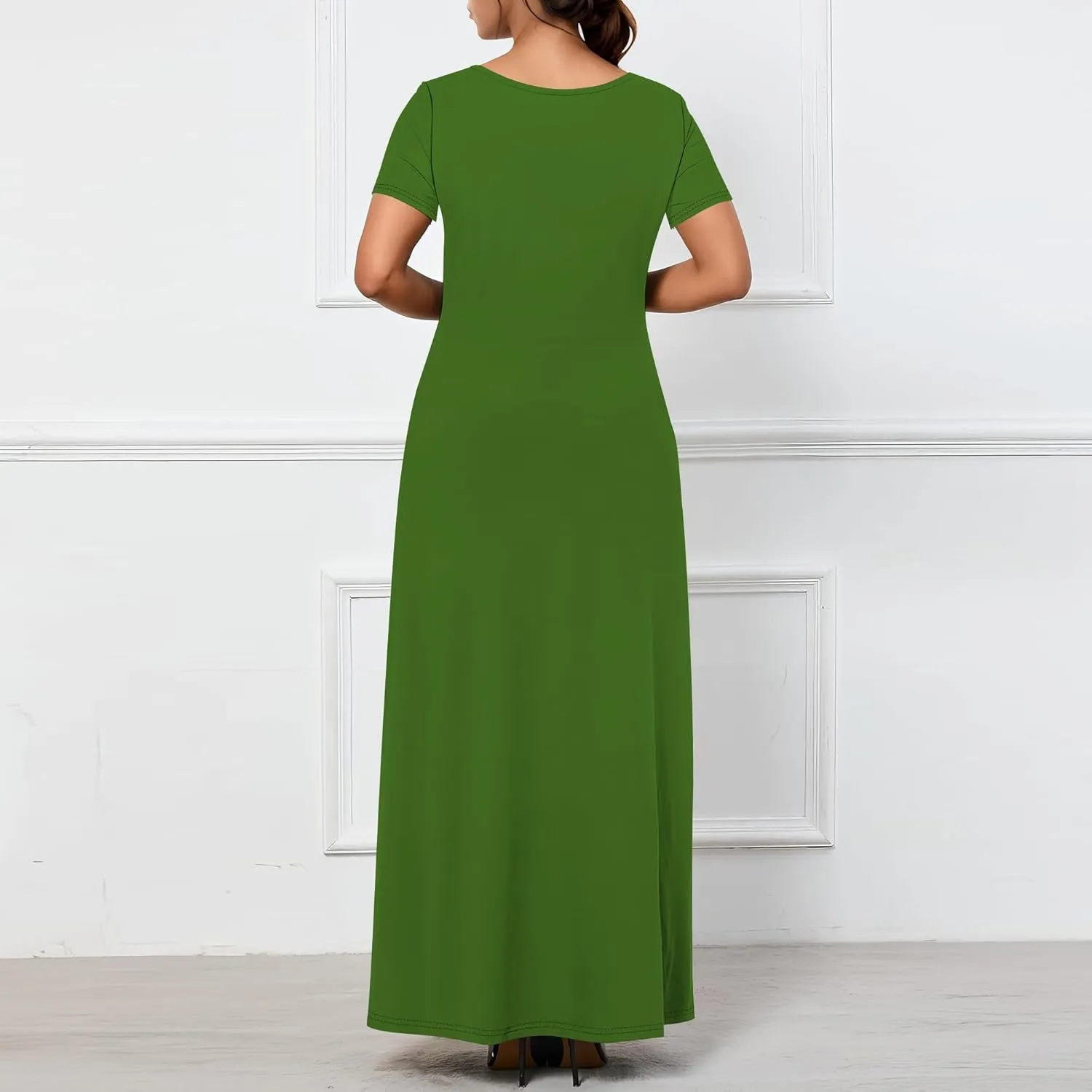 Women's Casual Short Sleeve Sexy V Neck Solid Color T Shirt Maxi Dress Summer Beach Swing Sundresses with Pockets