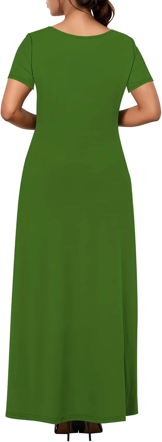 Women's Casual Short Sleeve Sexy V Neck Solid Color T Shirt Maxi Dress Summer Beach Swing Sundresses with Pockets
