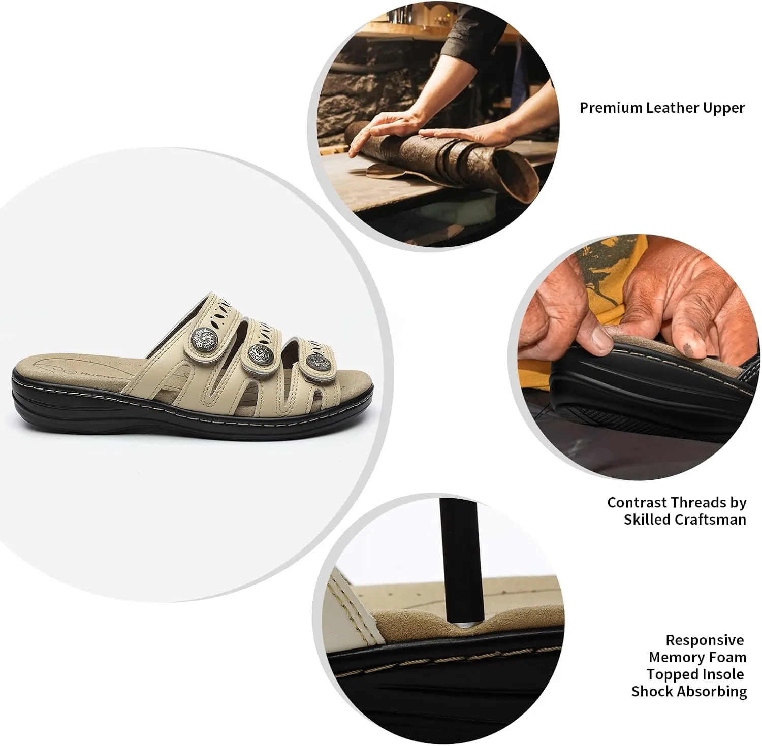 Women's Comfort Leather Slides Lightweight Flat Sandals Cute Slip On Casual Walking Slippers