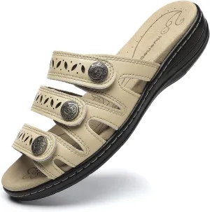 Women's Comfort Leather Slides Lightweight Flat Sandals Cute Slip On Casual Walking Slippers