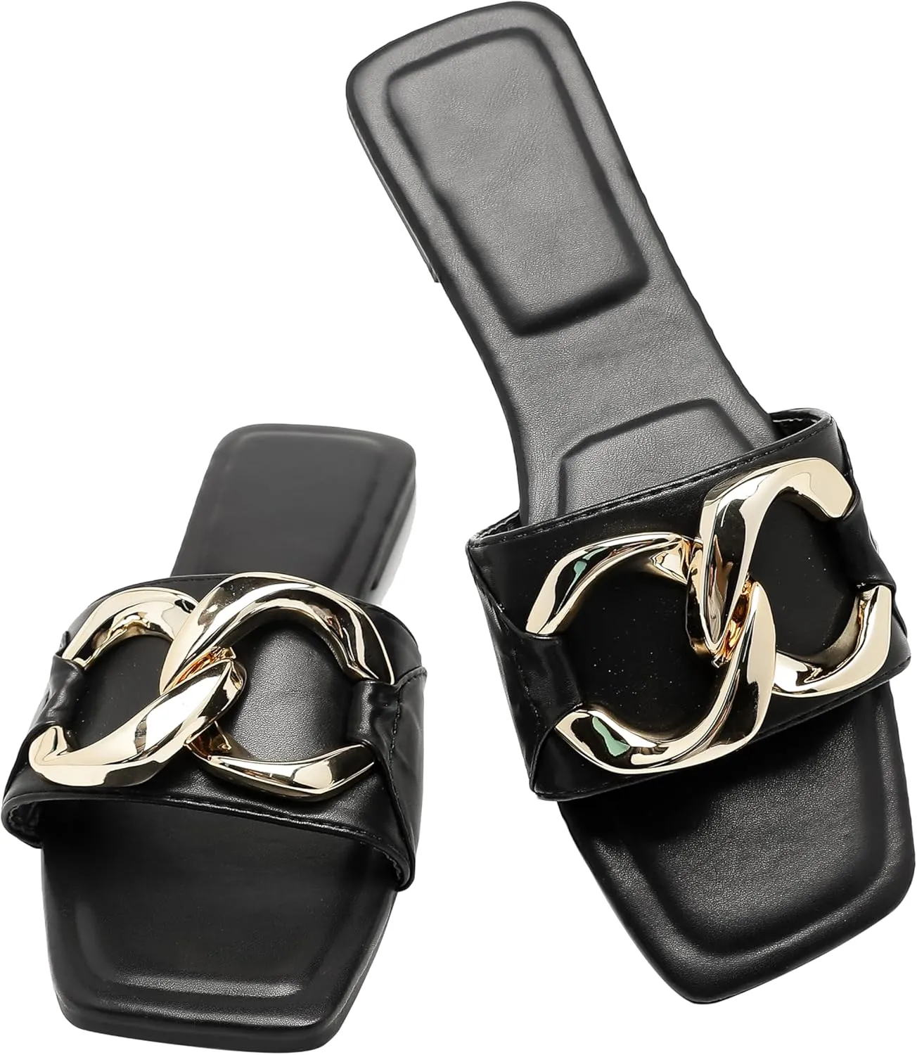 Women's Flat Sandals Fashion Square Open Toe Slides With Big Metal Chain Slippers Dressy for Summer Size 6-11
