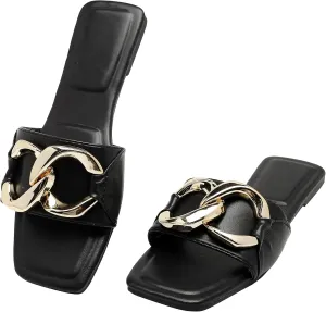 Women's Flat Sandals Fashion Square Open Toe Slides With Big Metal Chain Slippers Dressy for Summer Size 6-11