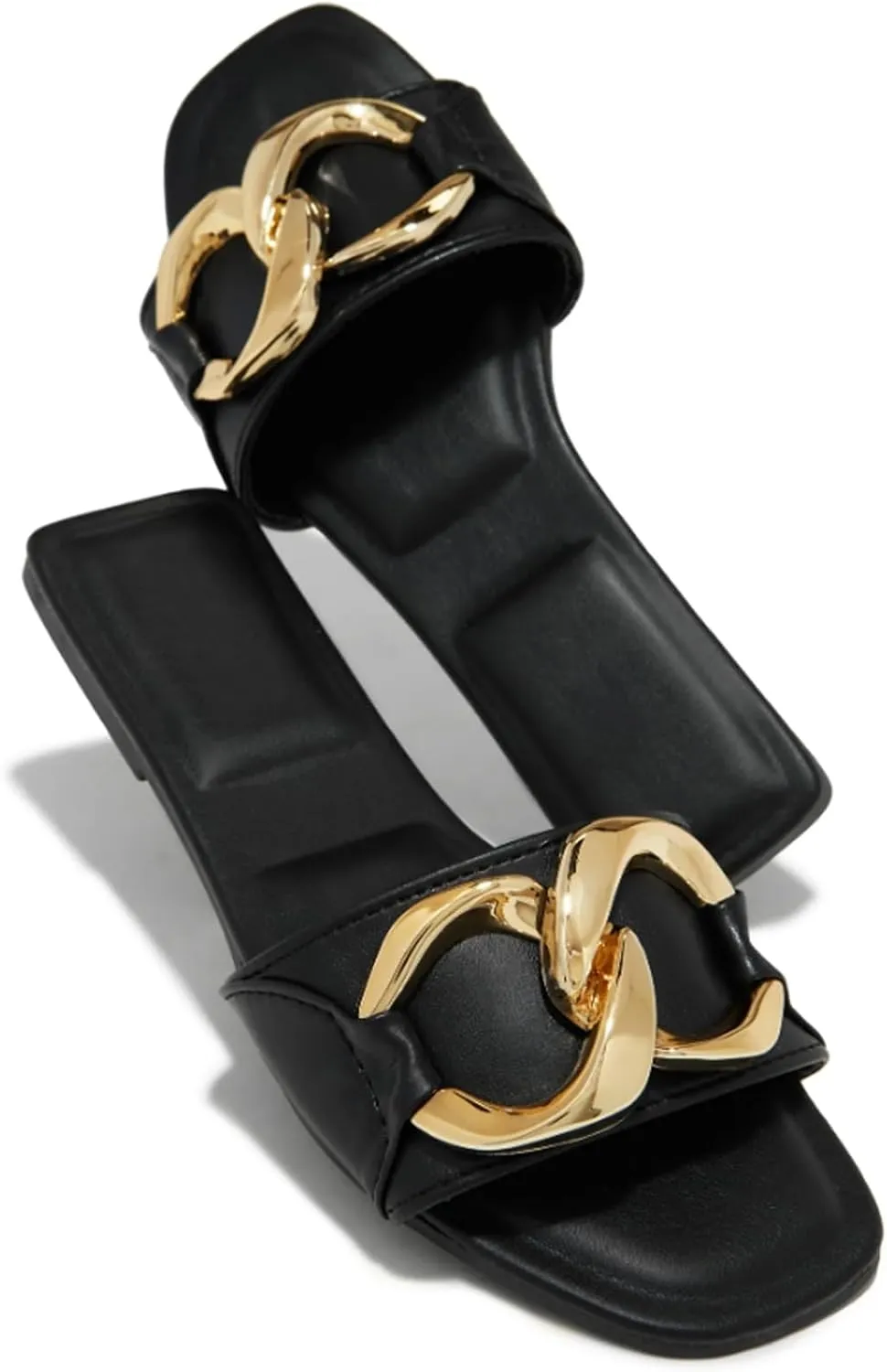 Women's Flat Sandals Fashion Square Open Toe Slides With Big Metal Chain Slippers Dressy for Summer Size 6-11