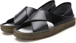 Women’s Genuine Leather Beef Tendon Flat Open Toe Sandals,Summer Casual Comfort Memory Insole Slip-on with Arch Support Soft Flats Walking Sandal Loafer
