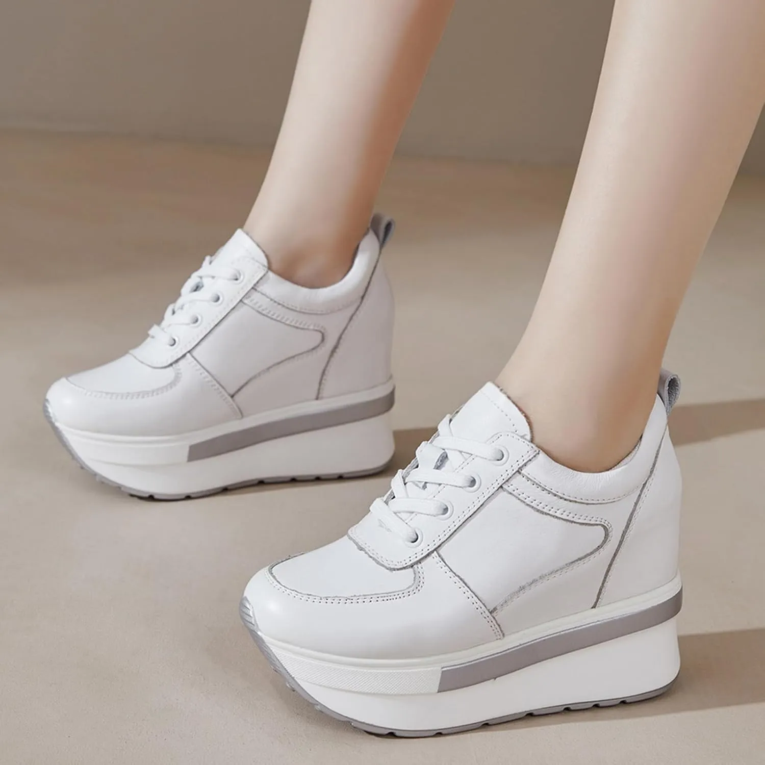 Women's Genuine Leather Wedges Sneakers Fashion Platform Lace Up Internal Height Increase Rocking Walking Shoes High Heel Wedge Sneakers for Women