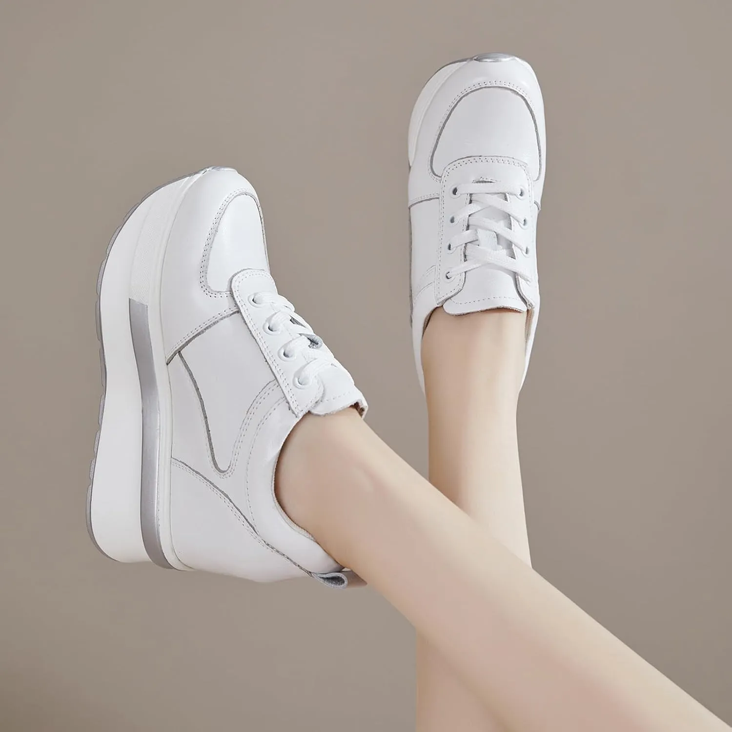 Women's Genuine Leather Wedges Sneakers Fashion Platform Lace Up Internal Height Increase Rocking Walking Shoes High Heel Wedge Sneakers for Women