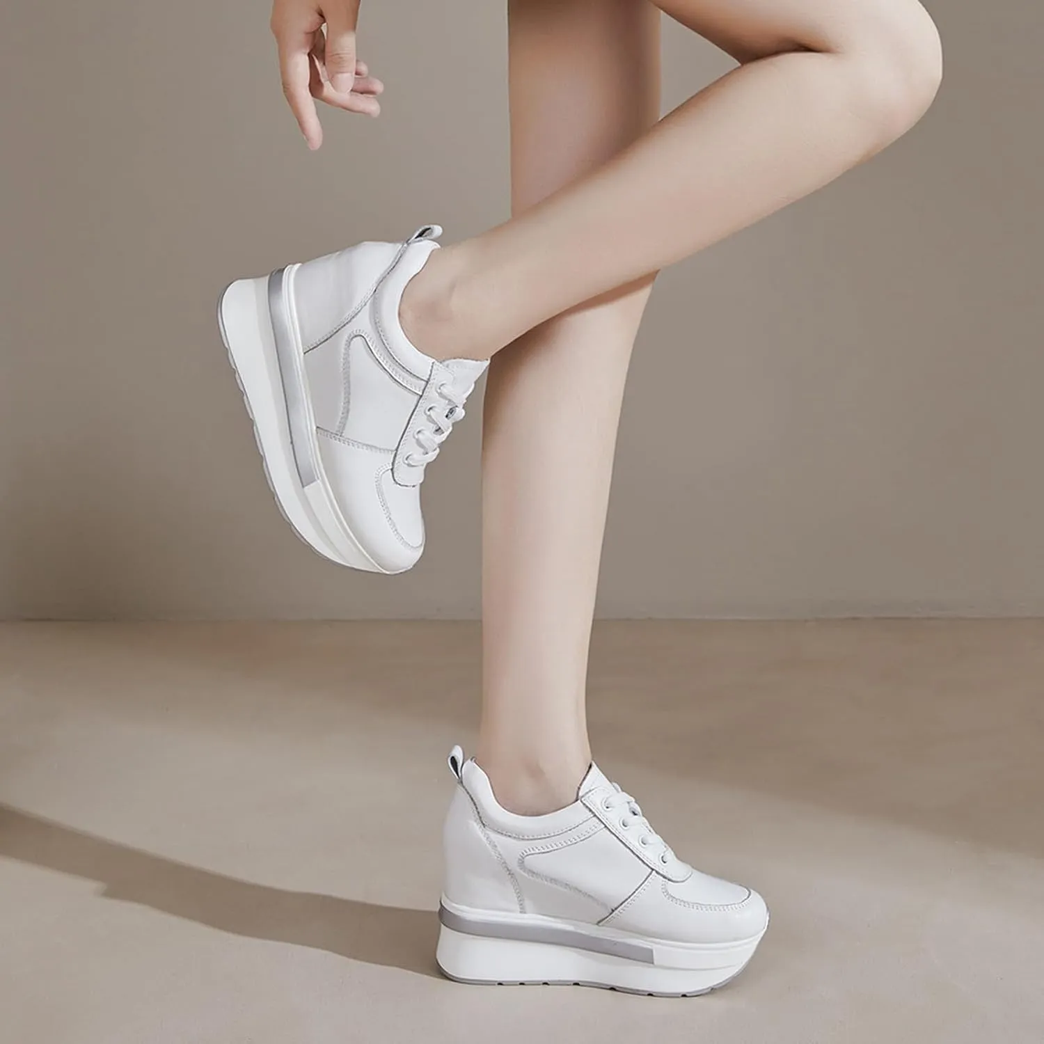 Women's Genuine Leather Wedges Sneakers Fashion Platform Lace Up Internal Height Increase Rocking Walking Shoes High Heel Wedge Sneakers for Women