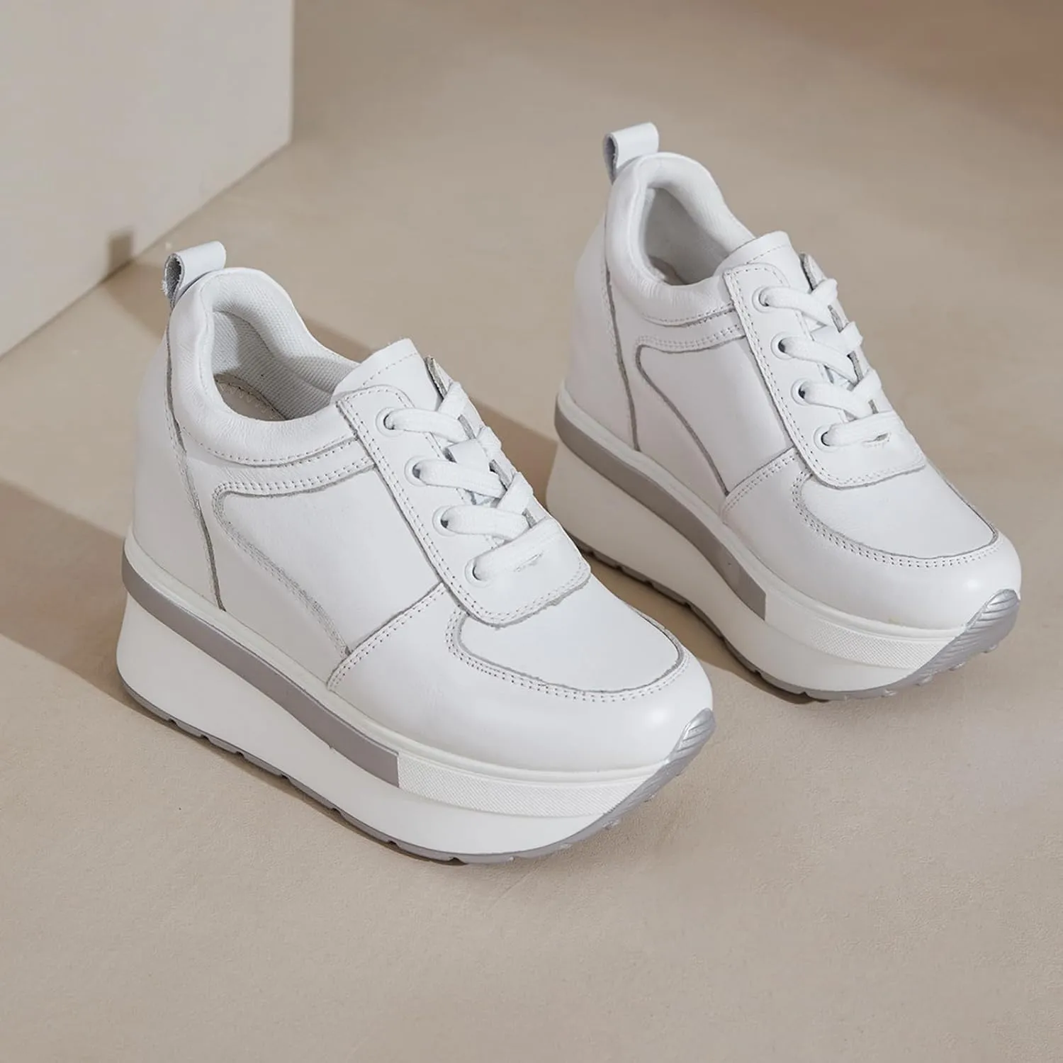 Women's Genuine Leather Wedges Sneakers Fashion Platform Lace Up Internal Height Increase Rocking Walking Shoes High Heel Wedge Sneakers for Women