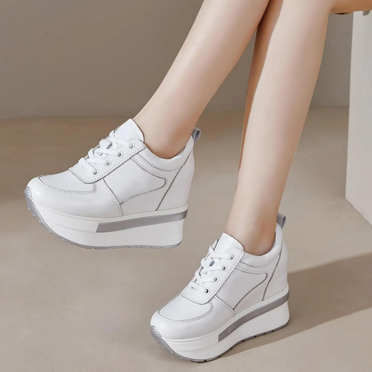 Women's Genuine Leather Wedges Sneakers Fashion Platform Lace Up Internal Height Increase Rocking Walking Shoes High Heel Wedge Sneakers for Women