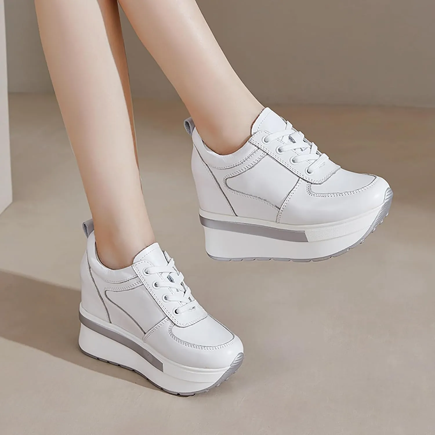 Women's Genuine Leather Wedges Sneakers Fashion Platform Lace Up Internal Height Increase Rocking Walking Shoes High Heel Wedge Sneakers for Women