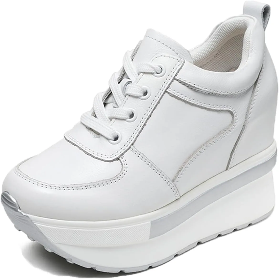 Women's Genuine Leather Wedges Sneakers Fashion Platform Lace Up Internal Height Increase Rocking Walking Shoes High Heel Wedge Sneakers for Women