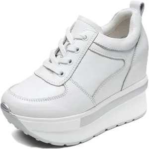 Women's Genuine Leather Wedges Sneakers Fashion Platform Lace Up Internal Height Increase Rocking Walking Shoes High Heel Wedge Sneakers for Women