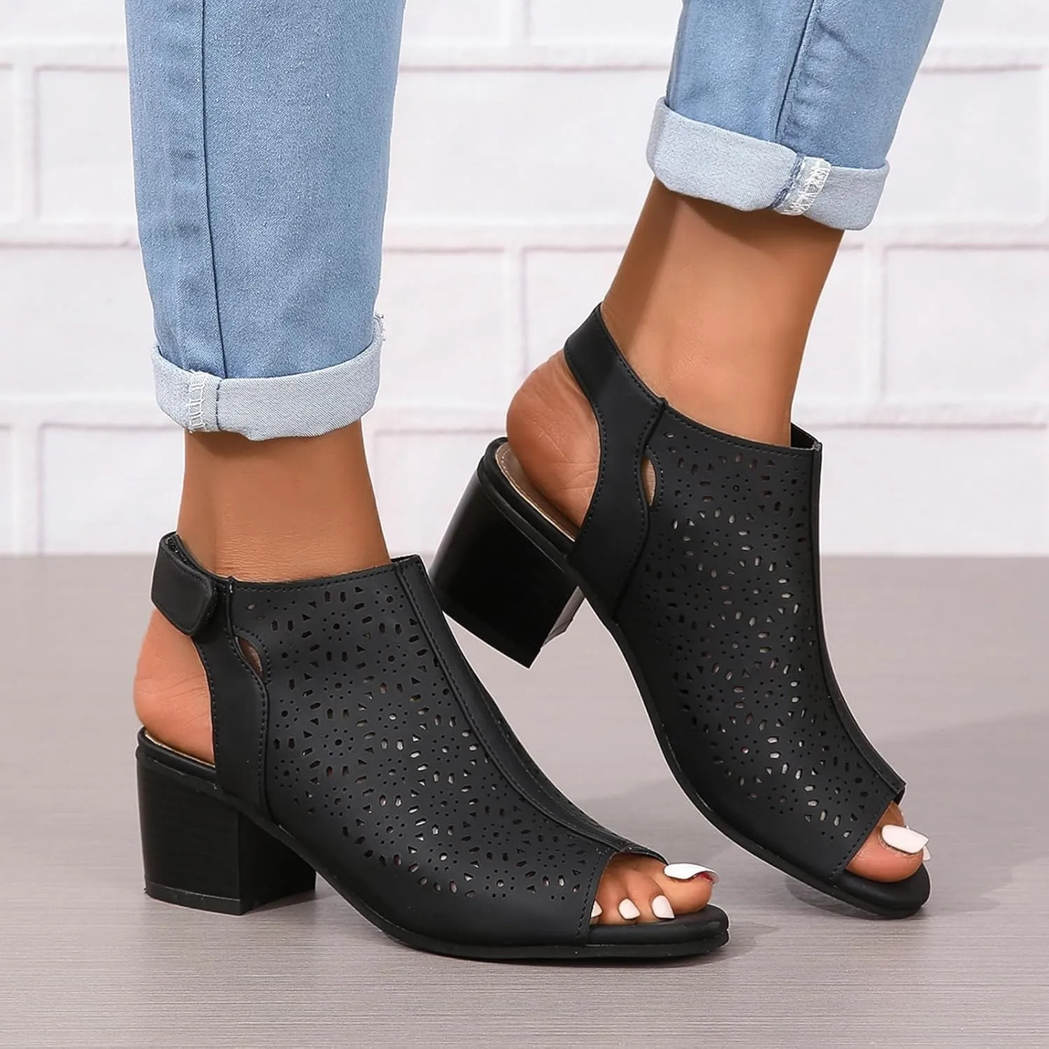 Womens Heeled Cutout Booties Summer Peep Toe Ankle Strap Chunky Heel Sandals Fashion Mid Block Heel Sandals for Women