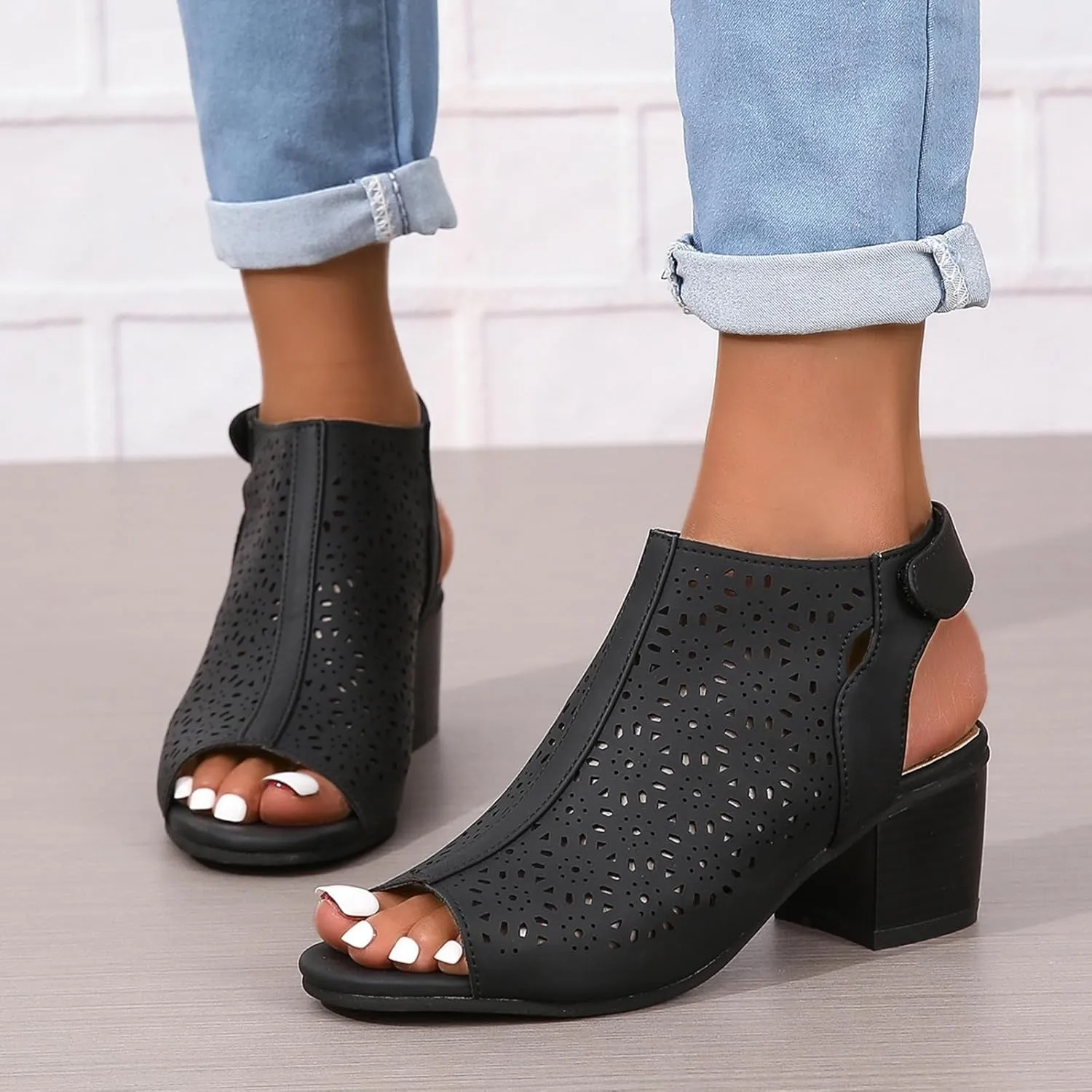 Womens Heeled Cutout Booties Summer Peep Toe Ankle Strap Chunky Heel Sandals Fashion Mid Block Heel Sandals for Women
