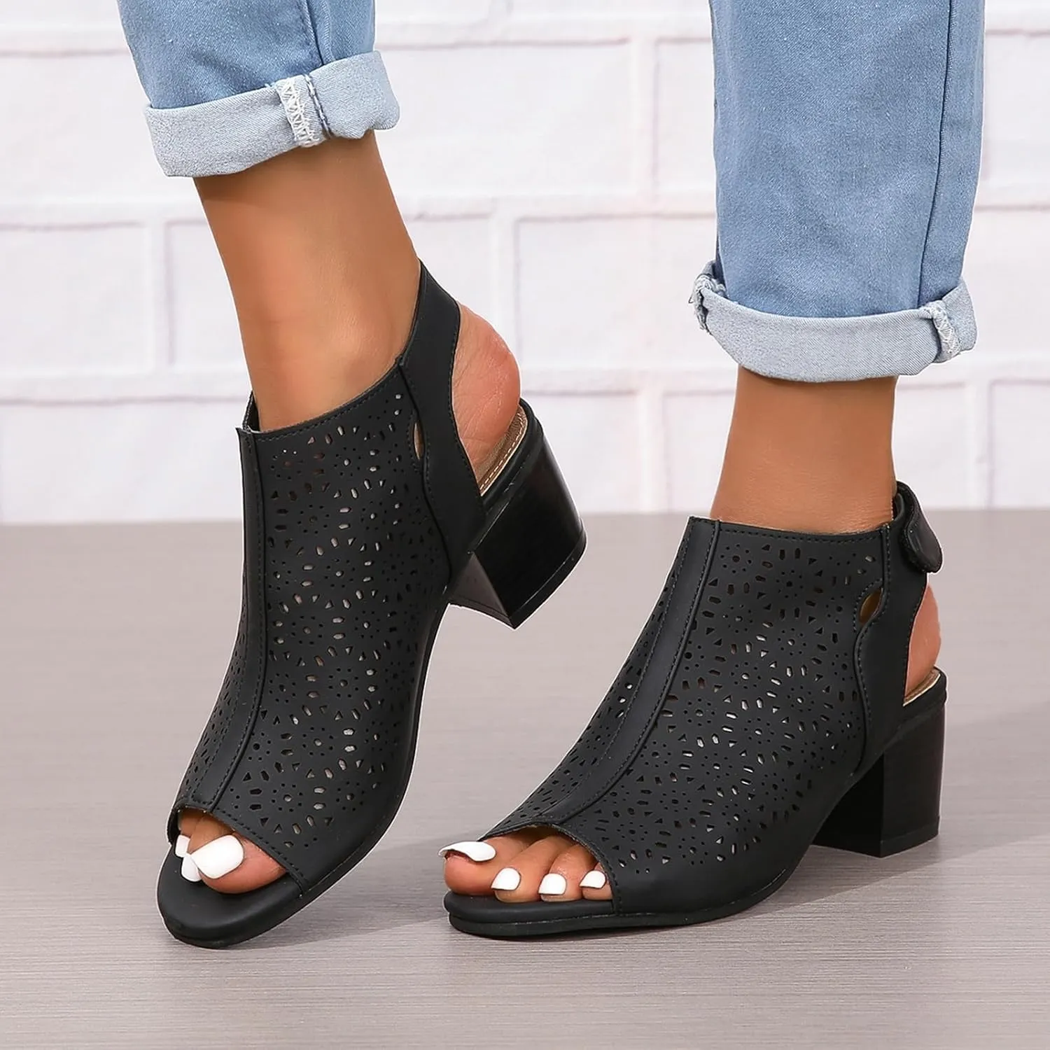 Womens Heeled Cutout Booties Summer Peep Toe Ankle Strap Chunky Heel Sandals Fashion Mid Block Heel Sandals for Women