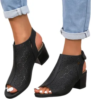 Womens Heeled Cutout Booties Summer Peep Toe Ankle Strap Chunky Heel Sandals Fashion Mid Block Heel Sandals for Women