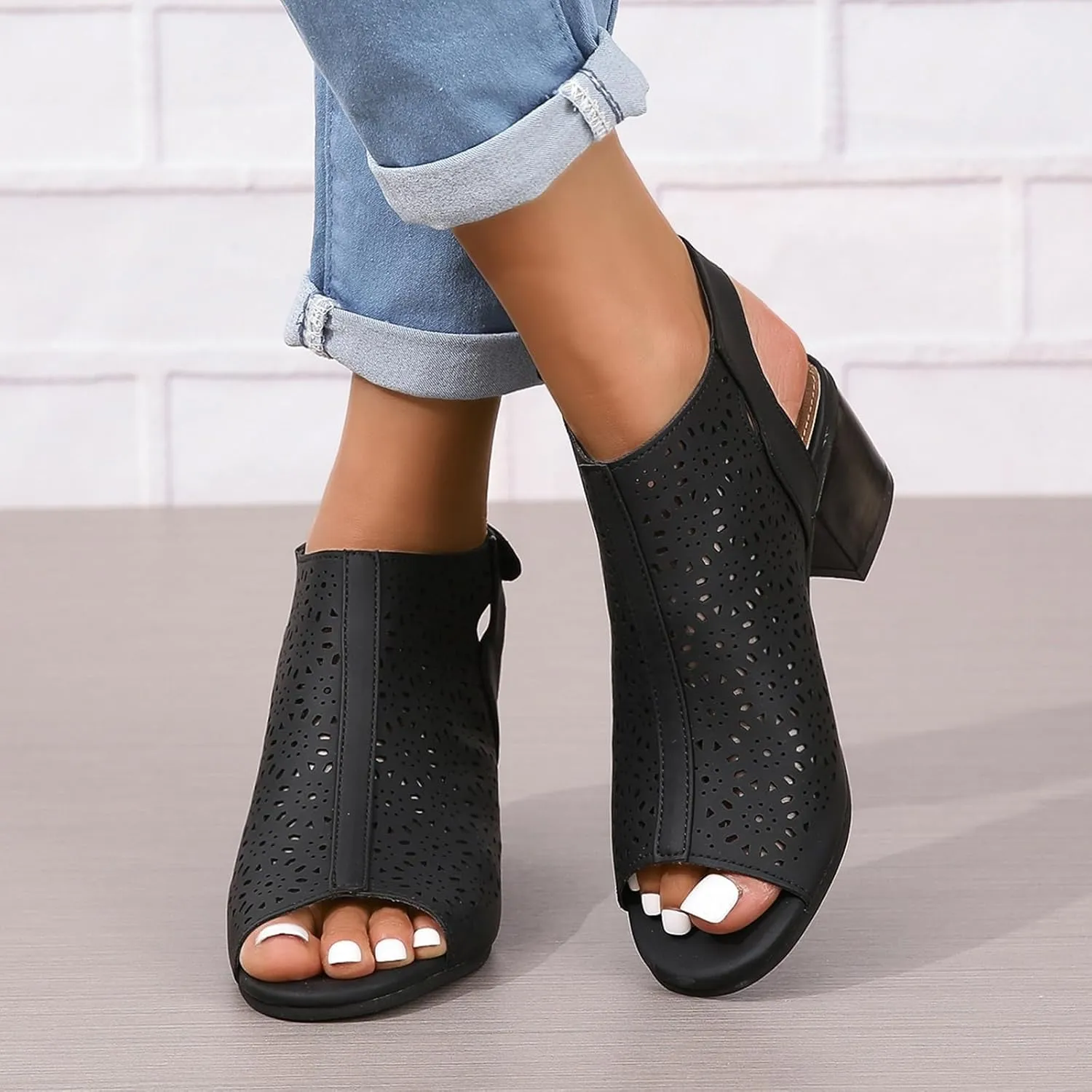 Womens Heeled Cutout Booties Summer Peep Toe Ankle Strap Chunky Heel Sandals Fashion Mid Block Heel Sandals for Women