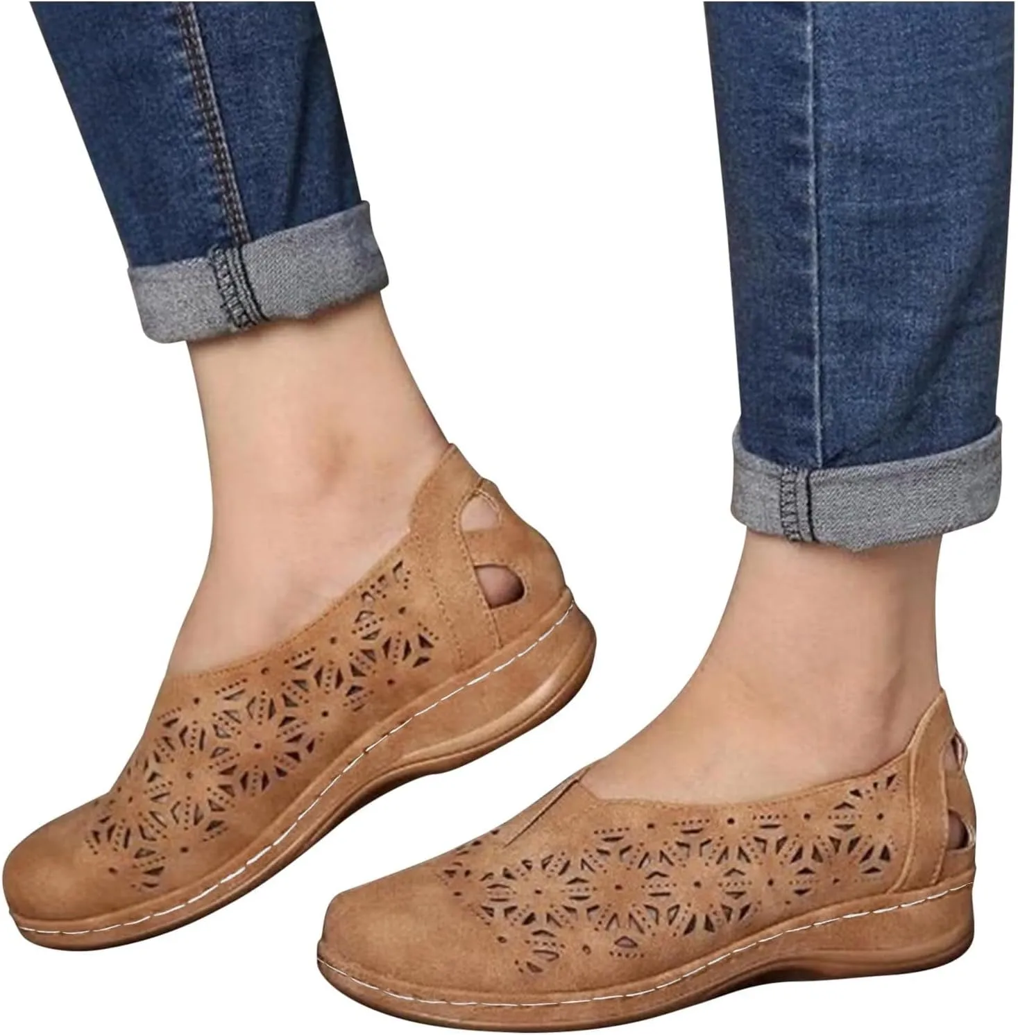 Womens Loafers Summer Comfortable Dressy Soft Plat Sandals Breathable Hollow Out Office Work Shoes Closed Toe Low Heel Walking Slip On Sandal for Women Casual Lightweight