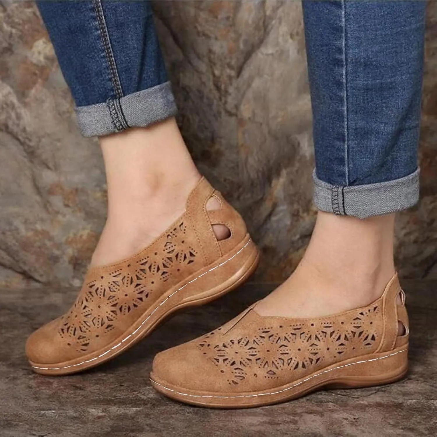 Womens Loafers Summer Comfortable Dressy Soft Plat Sandals Breathable Hollow Out Office Work Shoes Closed Toe Low Heel Walking Slip On Sandal for Women Casual Lightweight