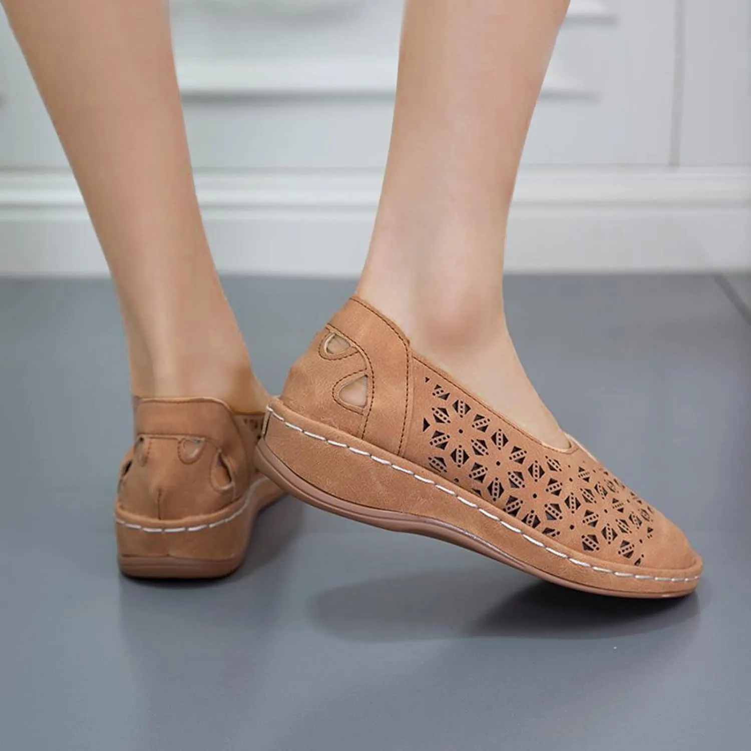 Womens Loafers Summer Comfortable Dressy Soft Plat Sandals Breathable Hollow Out Office Work Shoes Closed Toe Low Heel Walking Slip On Sandal for Women Casual Lightweight
