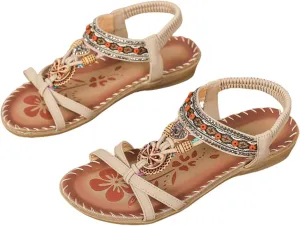 Women's Open Toe Elastic Ankle Strap Flat Summer Sandals Dressy Comfortable Bohemian Beaded Jeweled Flats Slip On Slingback Strappy Walking Beach Gladiator Shoes