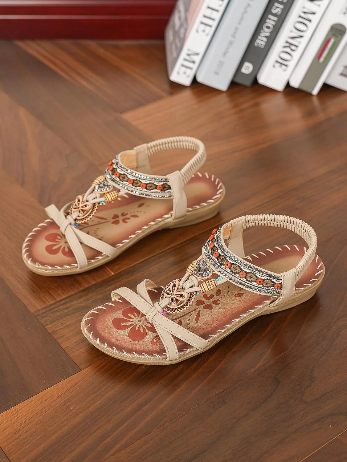 Women's Open Toe Elastic Ankle Strap Flat Summer Sandals Dressy Comfortable Bohemian Beaded Jeweled Flats Slip On Slingback Strappy Walking Beach Gladiator Shoes