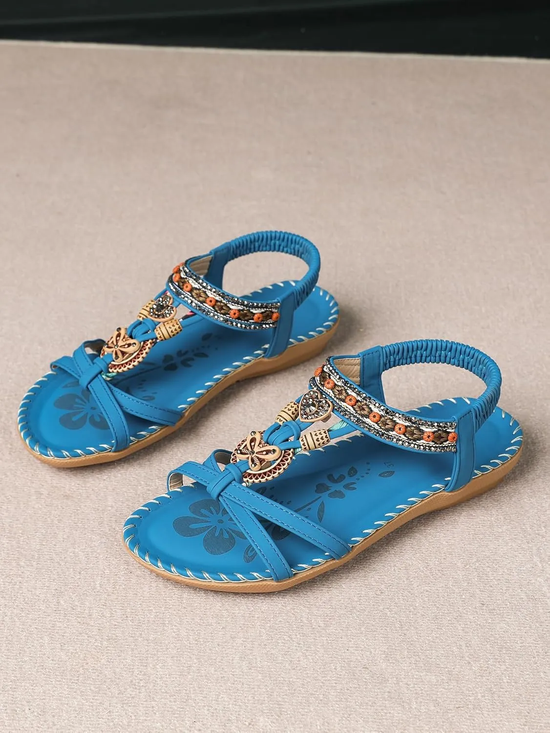 Women's Open Toe Elastic Ankle Strap Flat Summer Sandals Dressy Comfortable Bohemian Beaded Jeweled Flats Slip On Slingback Strappy Walking Beach Gladiator Shoes
