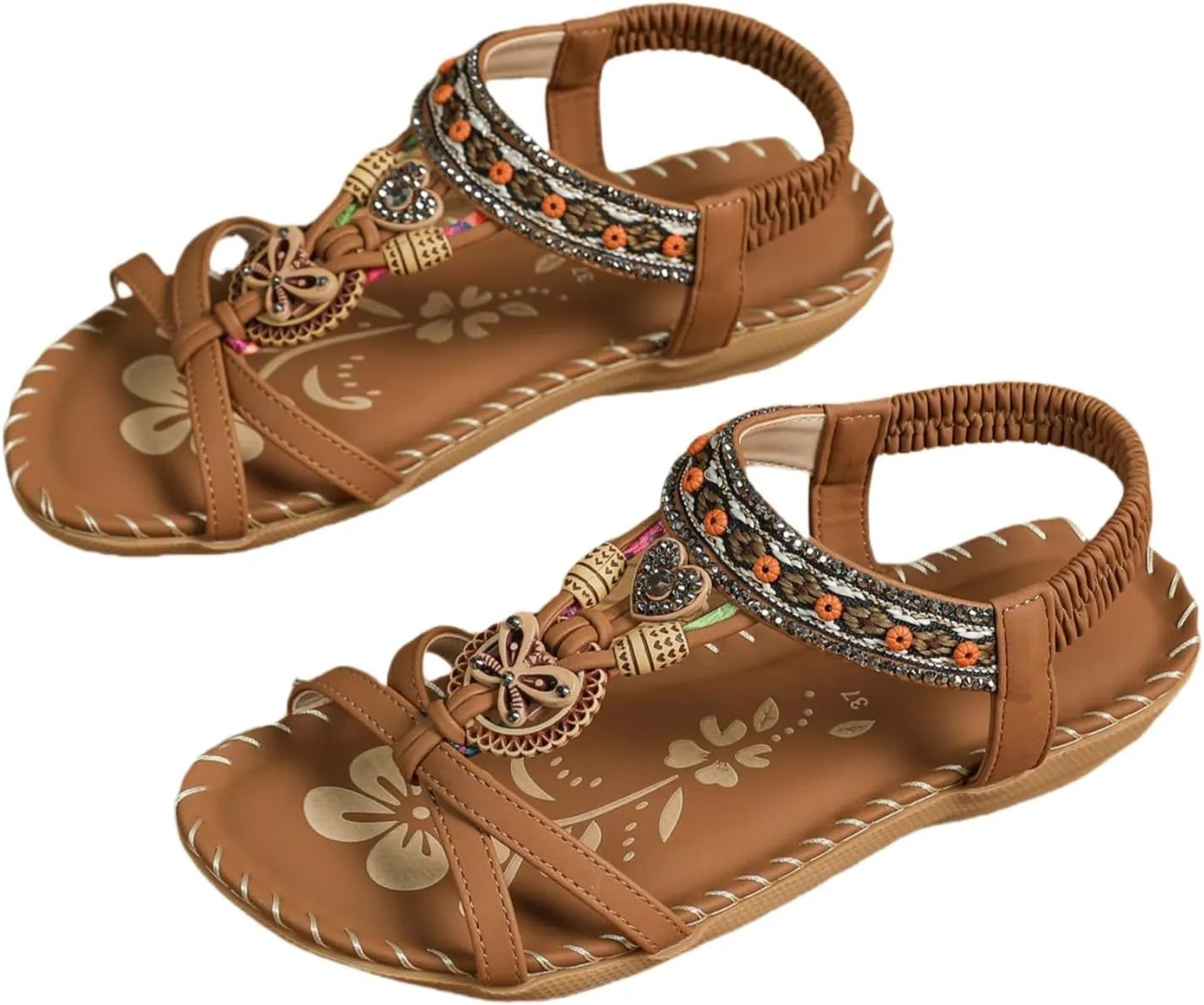 Women's Open Toe Elastic Ankle Strap Flat Summer Sandals Dressy Comfortable Bohemian Beaded Jeweled Flats Slip On Slingback Strappy Walking Beach Gladiator Shoes