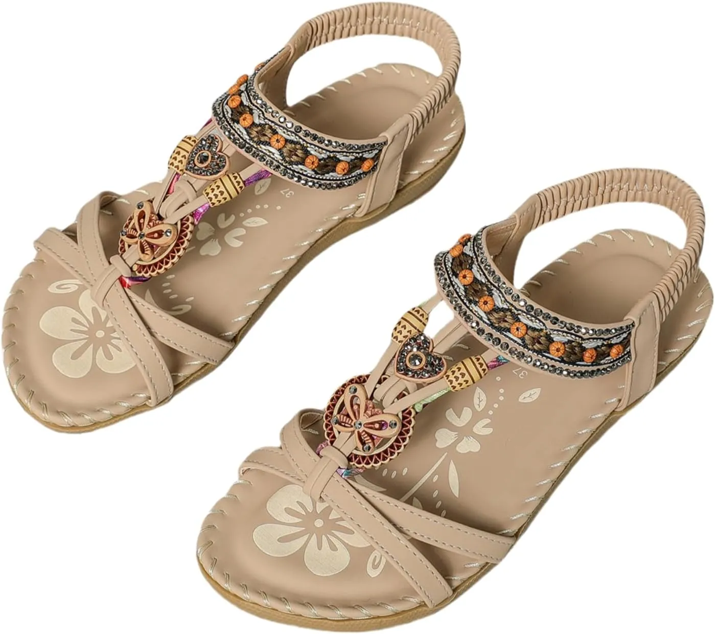 Women's Open Toe Elastic Ankle Strap Flat Summer Sandals Dressy Comfortable Bohemian Beaded Jeweled Flats Slip On Slingback Strappy Walking Beach Gladiator Shoes