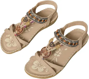 Women's Open Toe Elastic Ankle Strap Flat Summer Sandals Dressy Comfortable Bohemian Beaded Jeweled Flats Slip On Slingback Strappy Walking Beach Gladiator Shoes