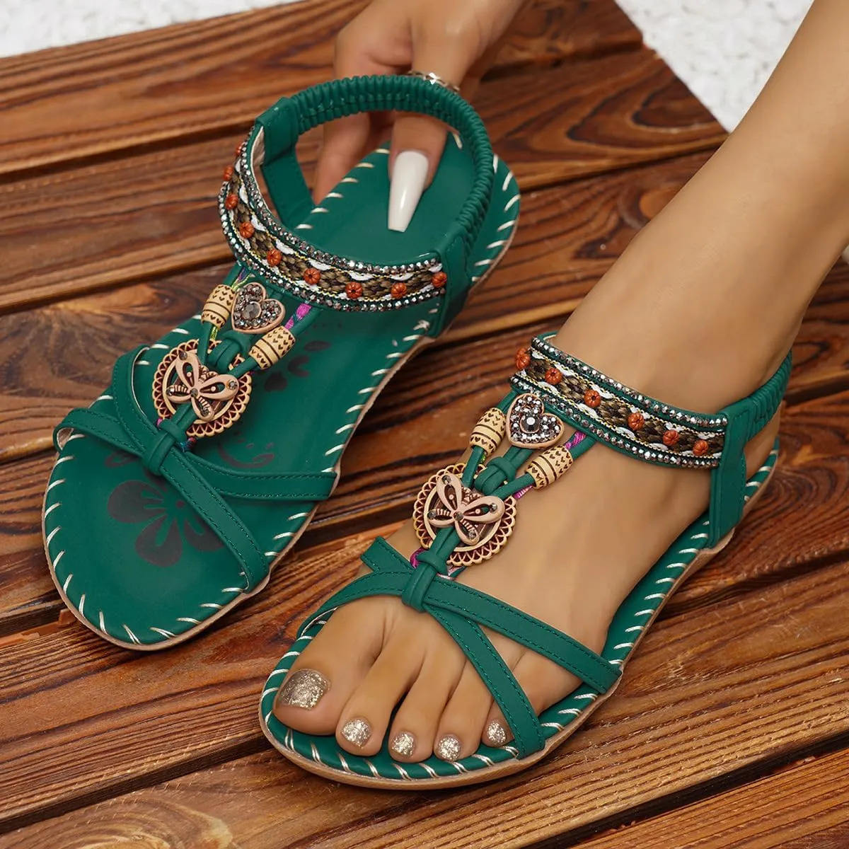 Women's Open Toe Elastic Ankle Strap Flat Summer Sandals Dressy Comfortable Bohemian Beaded Jeweled Flats Slip On Slingback Strappy Walking Beach Gladiator Shoes