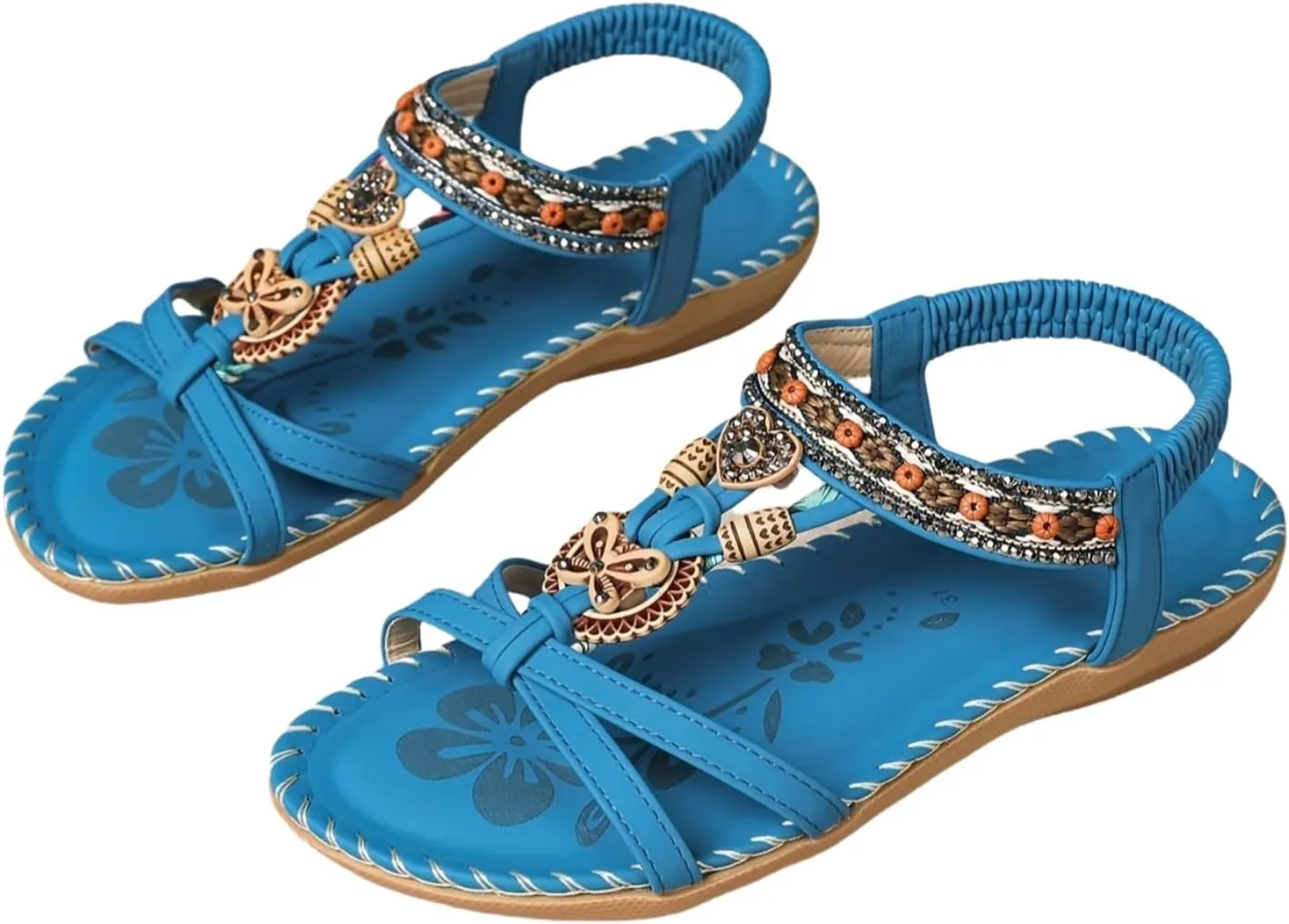 Women's Open Toe Elastic Ankle Strap Flat Summer Sandals Dressy Comfortable Bohemian Beaded Jeweled Flats Slip On Slingback Strappy Walking Beach Gladiator Shoes