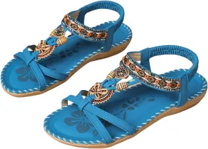 Women's Open Toe Elastic Ankle Strap Flat Summer Sandals Dressy Comfortable Bohemian Beaded Jeweled Flats Slip On Slingback Strappy Walking Beach Gladiator Shoes