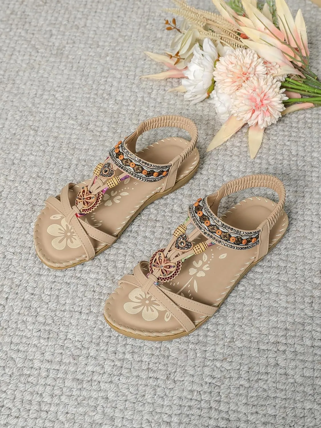 Women's Open Toe Elastic Ankle Strap Flat Summer Sandals Dressy Comfortable Bohemian Beaded Jeweled Flats Slip On Slingback Strappy Walking Beach Gladiator Shoes