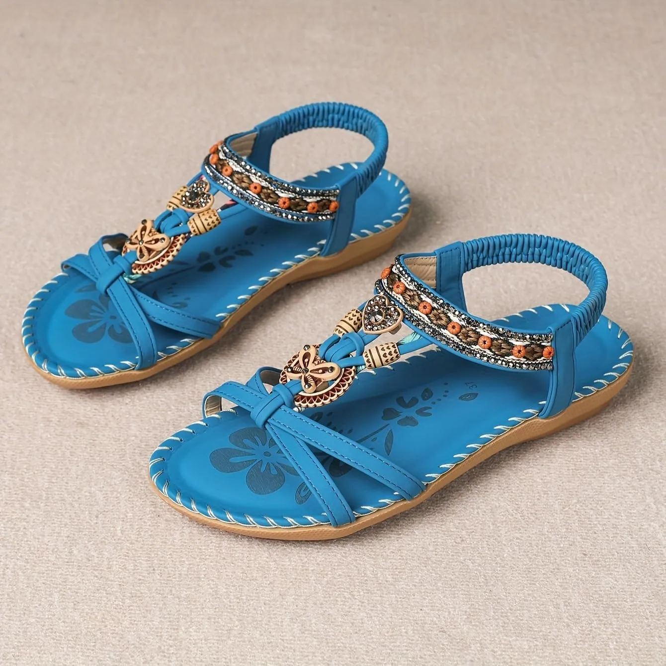 Women's Open Toe Elastic Ankle Strap Flat Summer Sandals Dressy Comfortable Bohemian Beaded Jeweled Flats Slip On Slingback Strappy Walking Beach Gladiator Shoes