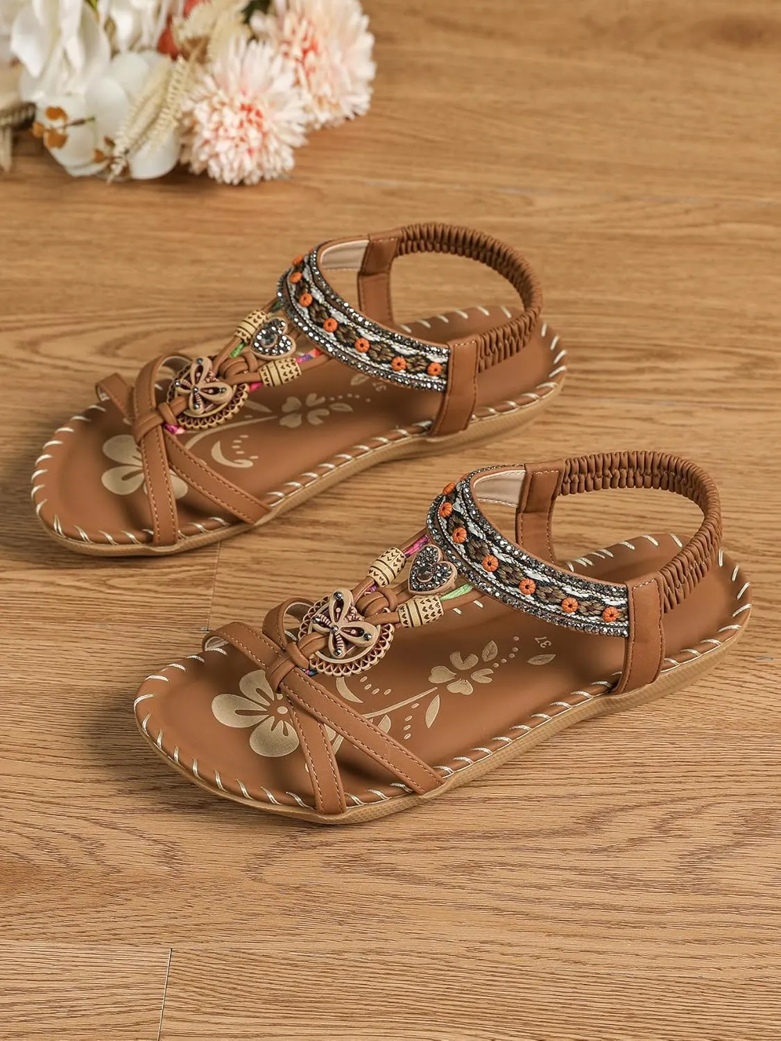 Women's Open Toe Elastic Ankle Strap Flat Summer Sandals Dressy Comfortable Bohemian Beaded Jeweled Flats Slip On Slingback Strappy Walking Beach Gladiator Shoes