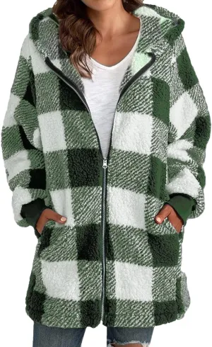Womens Oversized Sherpa Jacket Fuzzy Fleece Jackets Zip Up Outerwear Teddy Bear Sweater Coats with Hood