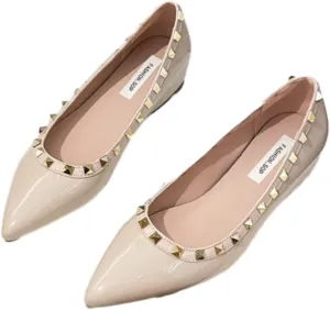 Women's Patent Leather Closed Pointed Toe Rivet Shoes Fashion Adjustable Ankle Strap Rivet Gladiator Flats Dress Shoes for Work Party