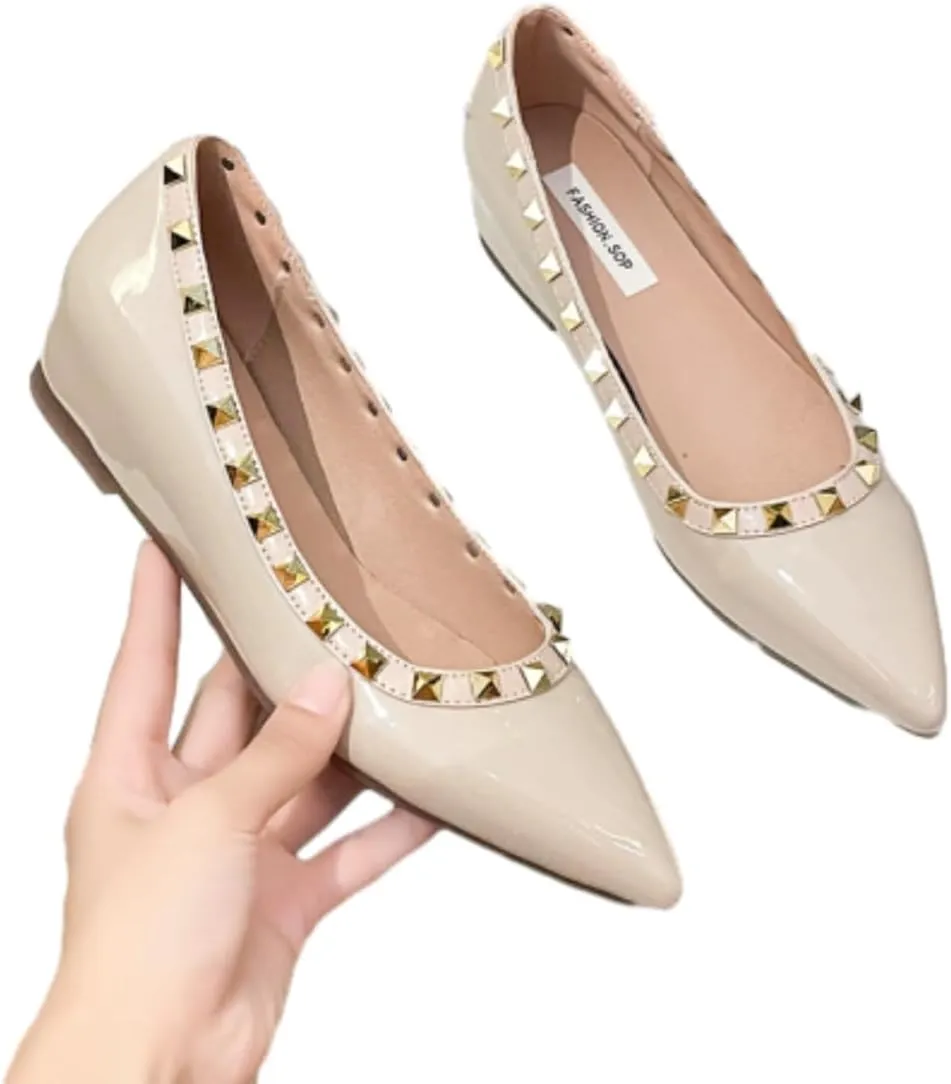 Women's Patent Leather Closed Pointed Toe Rivet Shoes Fashion Adjustable Ankle Strap Rivet Gladiator Flats Dress Shoes for Work Party