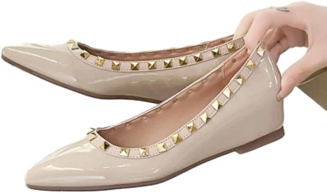Women's Patent Leather Closed Pointed Toe Rivet Shoes Fashion Adjustable Ankle Strap Rivet Gladiator Flats Dress Shoes for Work Party
